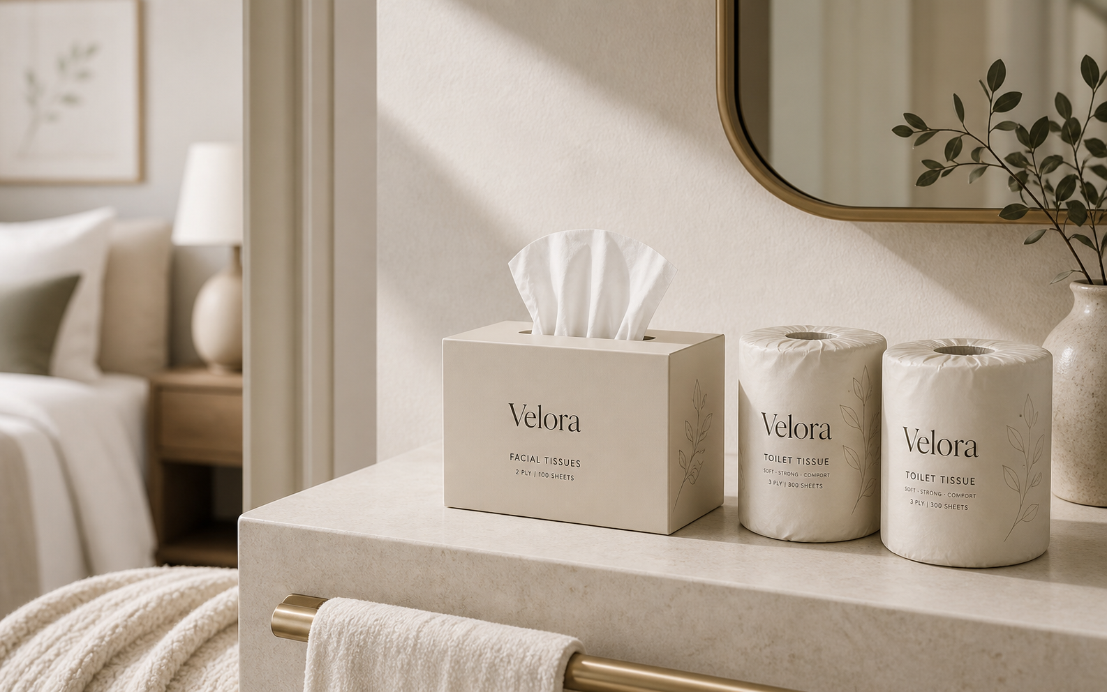 Velora facial tissue and toilet tissue in a guest bathroom setting