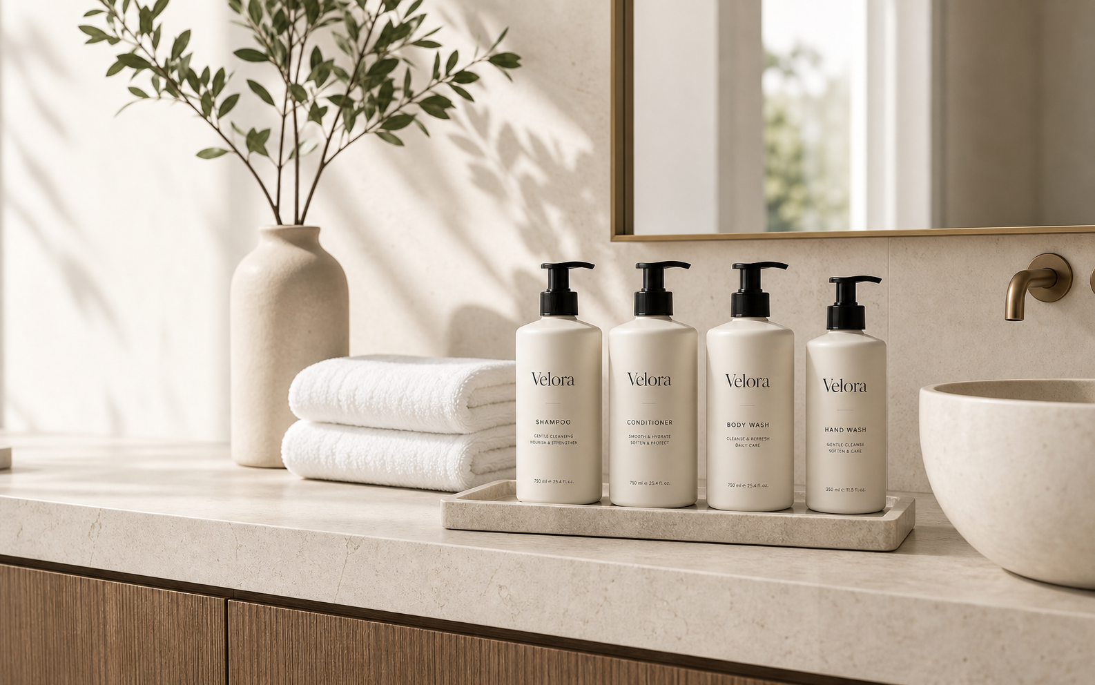 Velora shampoo, conditioner, body wash and hand wash in a minimalist villa bathroom