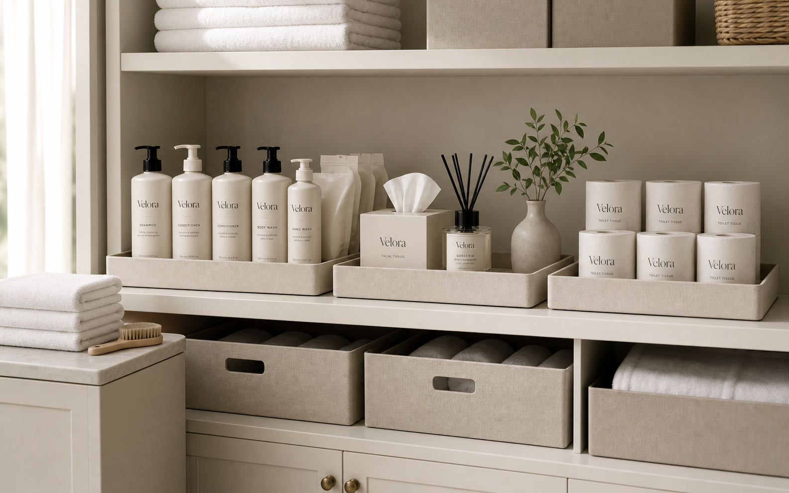 Velora amenities prepared on a villa restock shelf