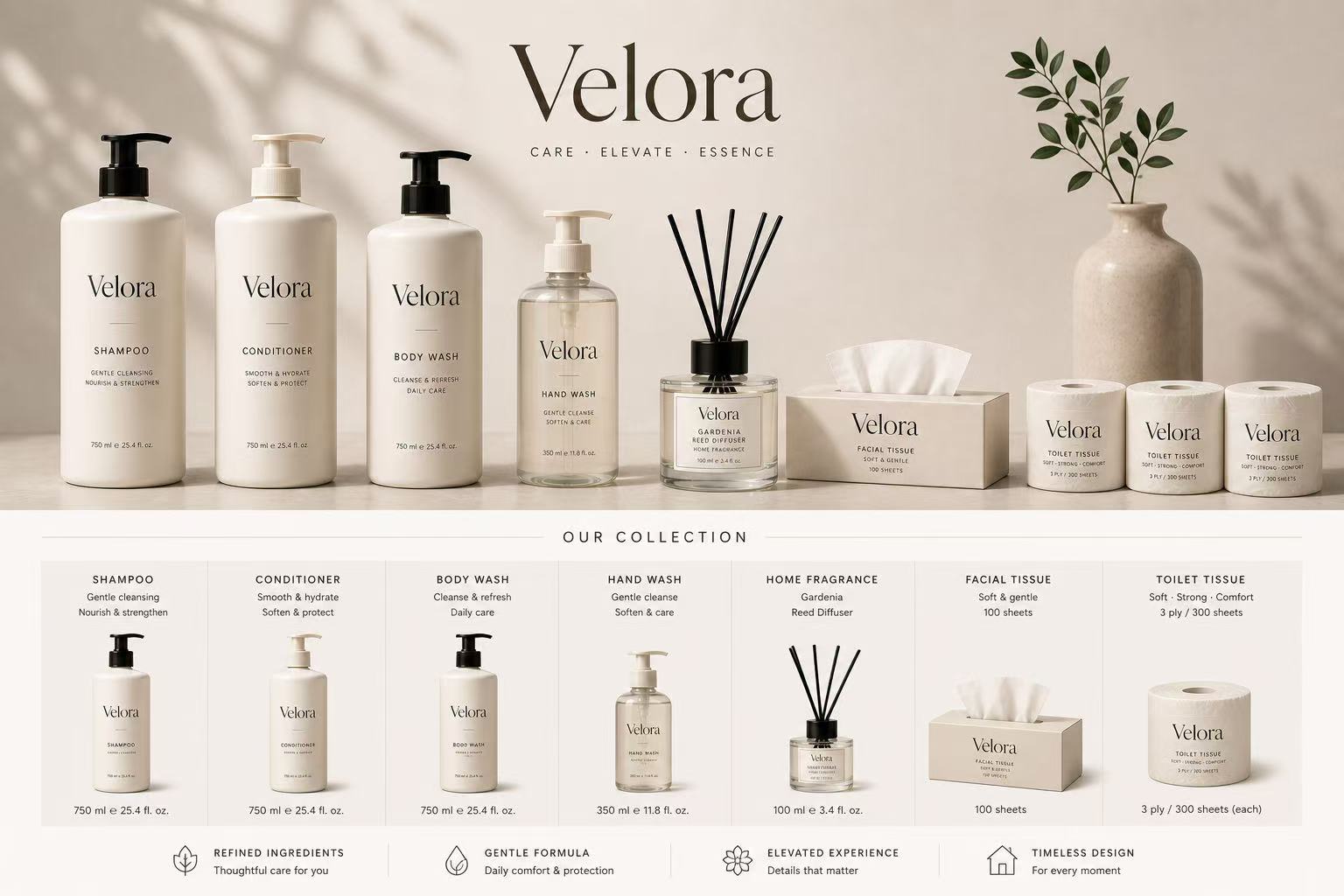 Velora shampoo, conditioner, body wash, hand wash, home fragrance, facial tissue and toilet tissue collection